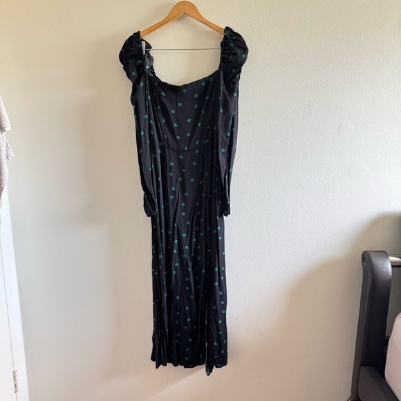 NWT & Other Stories Black Green Polka Dot Puff Sleeve Slit Midi Dress size 6 - Picture 2 of 10